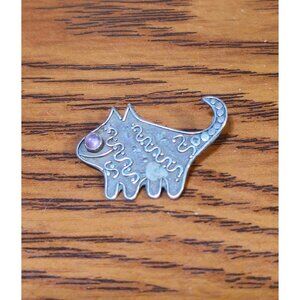 Vintage Silver Cat Brooch With Amethyst Eye & Intricate Design